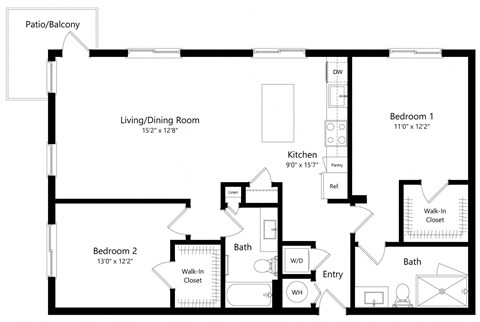 Two Bedroom Floor Plan with 1,246 Sq. Ft. at Boca Vue Luxury Apartments in Boca Raton, FL